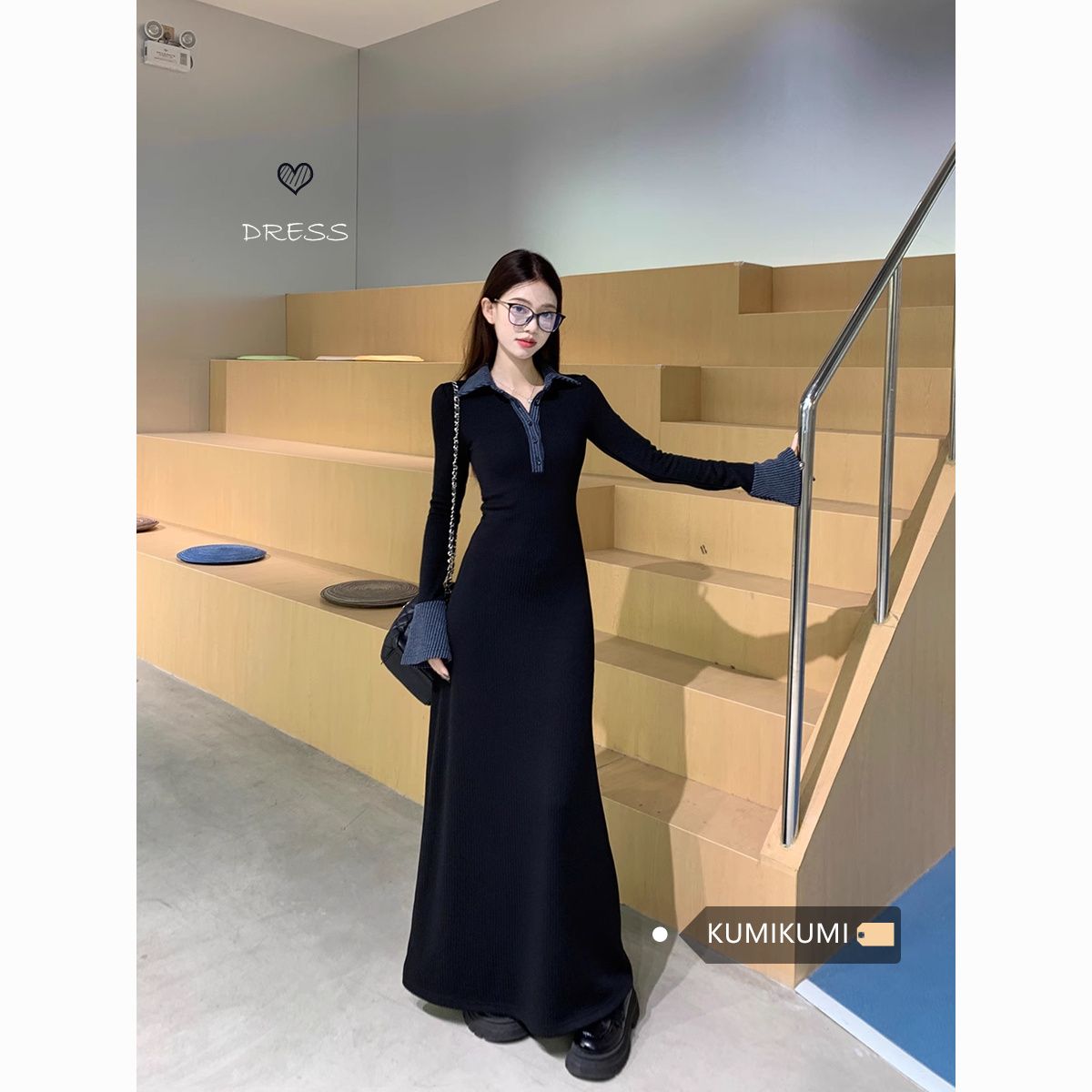 黑色高级感气质翻领长袖连衣裙女秋季新款收腰修身显瘦荷叶边长裙