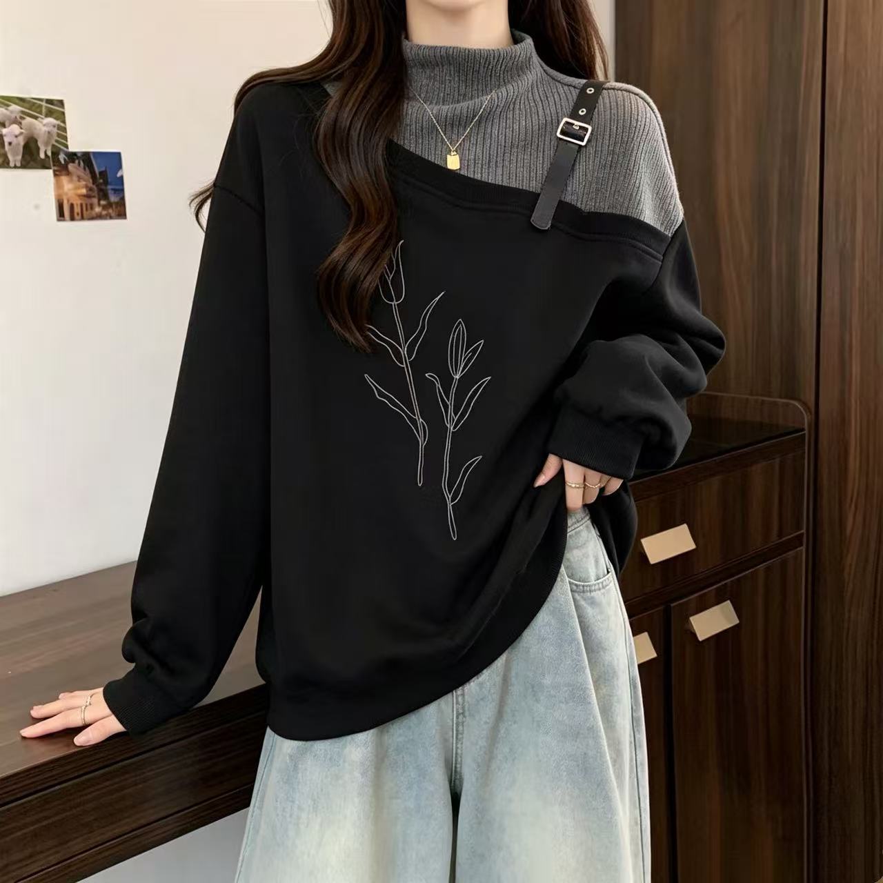 大码胖MM秋冬新款设计感不对称拼接半高领卫衣女遮肉显瘦上衣外套【5天内发货】