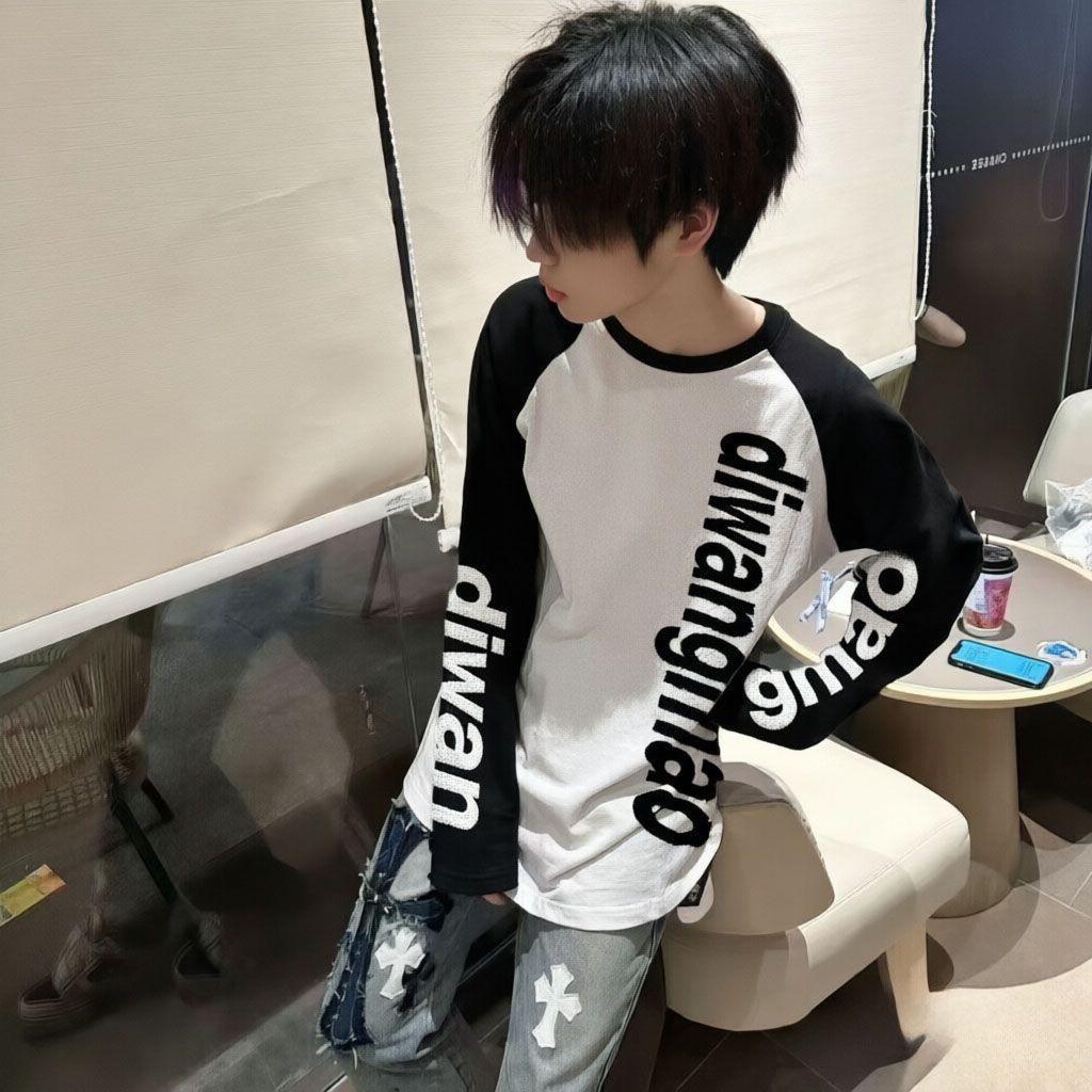 春秋百搭撞色插肩长袖运动T恤美式字母复古秋季印花宽松男女上衣