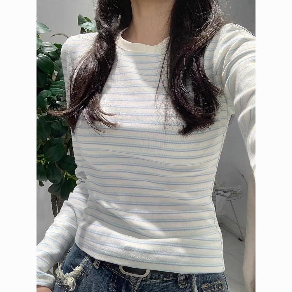 2025新款蓝白条纹爆款高街长袖T恤女早秋洋气减龄圆领显瘦上衣女