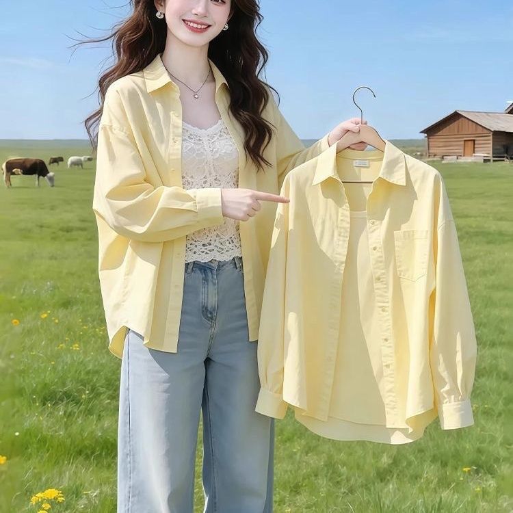 黄色宽松防晒显瘦长袖衬衫2026夏季法式小资别致绝美漂亮上衣