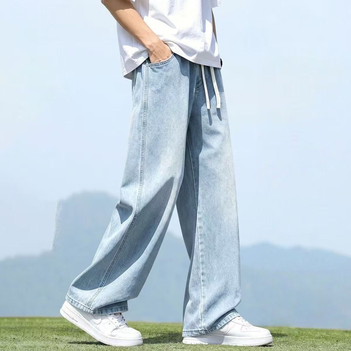 秋季男士牛仔裤宽松直筒男生美式高街百搭潮牌休闲浅色裤子