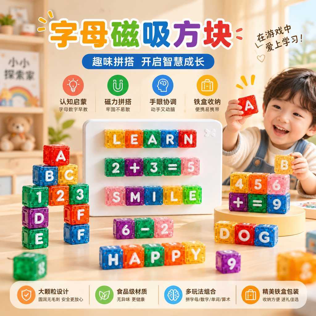 新款益智玩具儿童数字母方块宝宝早教磁力积木拼装拼图幼儿园圆角
