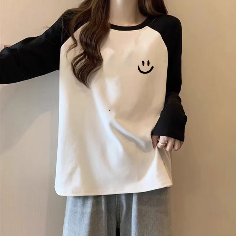 100%纯棉秋冬季趣味印花设计长袖撞色T恤女百搭减龄休闲通勤上衣