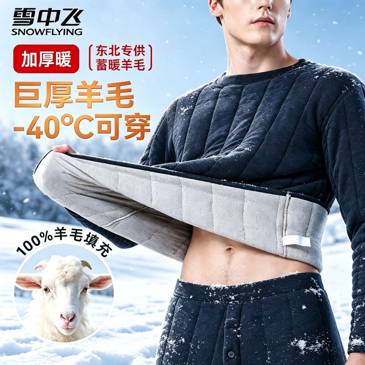 【雪中飞】羊毛保暖内衣套装男冬季户外内穿加绒加厚保暖衣裤棉裤套装