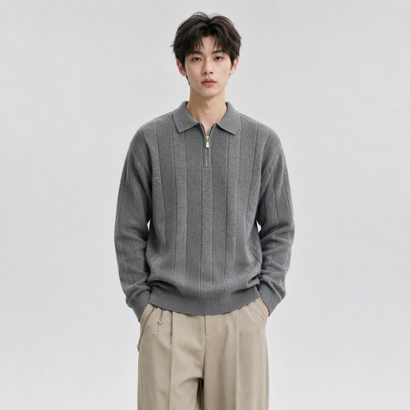 YOUQIAN有潜灰色针织拉链POLO衫秋冬显瘦百搭休闲上衣潮流男款