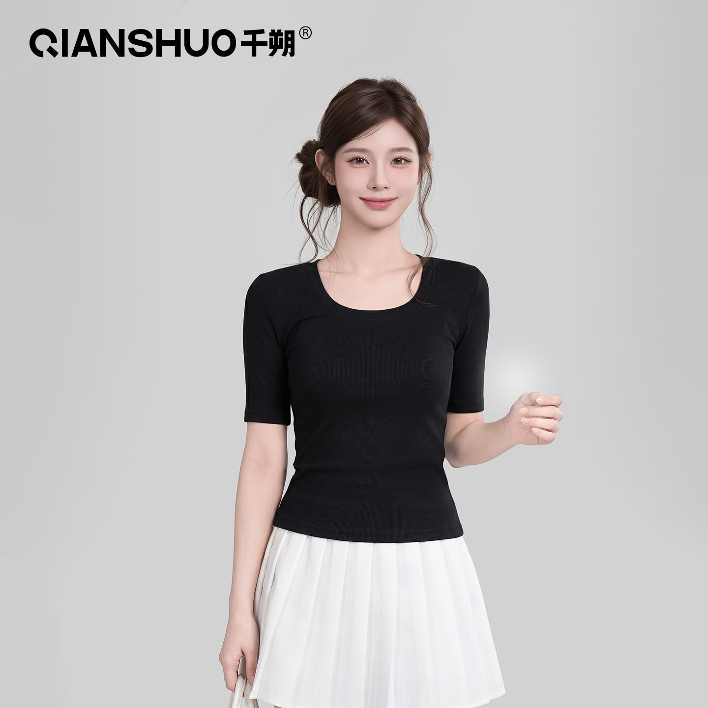 【千朔】正肩U领五分袖半袖中袖短袖女修身显瘦26新款打底上衣运动T恤