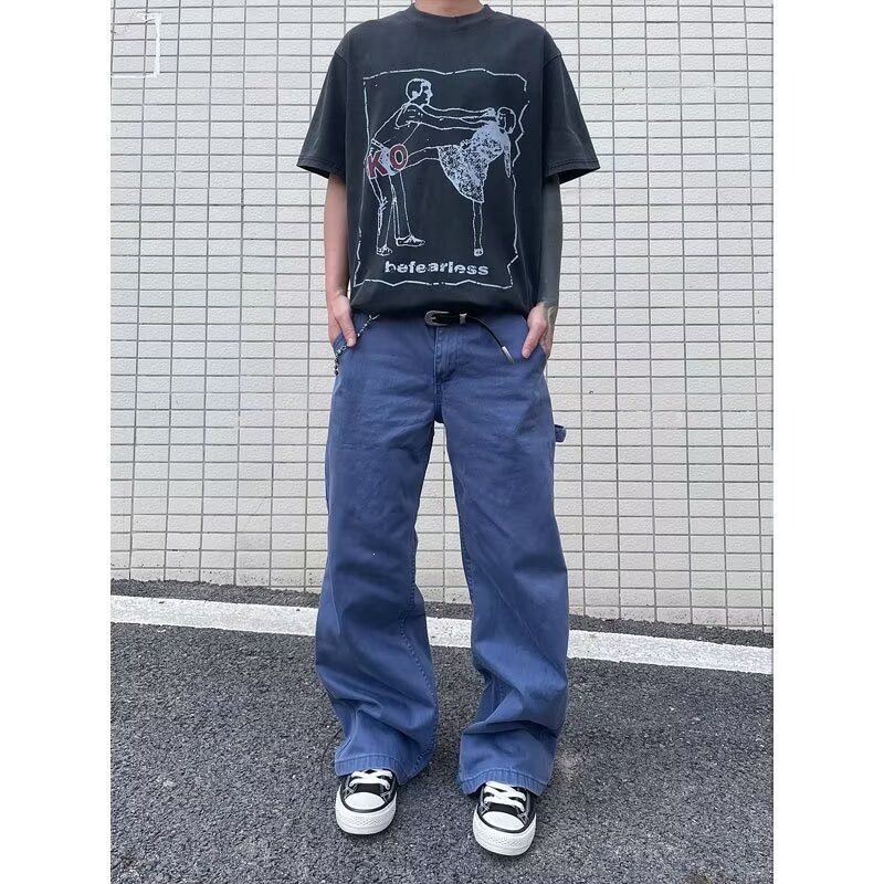 潮牌松紧腰牛仔裤春季宽松直筒休闲长裤ins美式水洗百搭伐木裤男