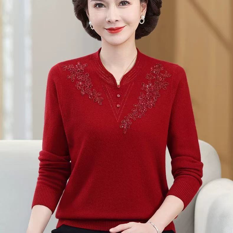 2026新款妈妈装秋冬针织衫上衣中老年宽松绣花洋气旗袍领打底衫女