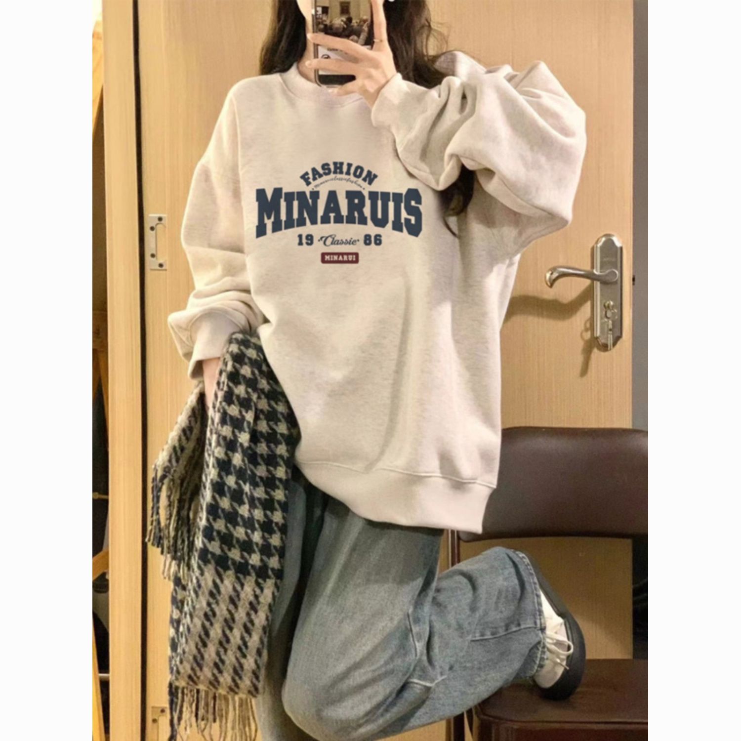 欧货圆领加绒加厚花灰色卫衣女秋冬宽松oversize国风重磅纯棉上衣