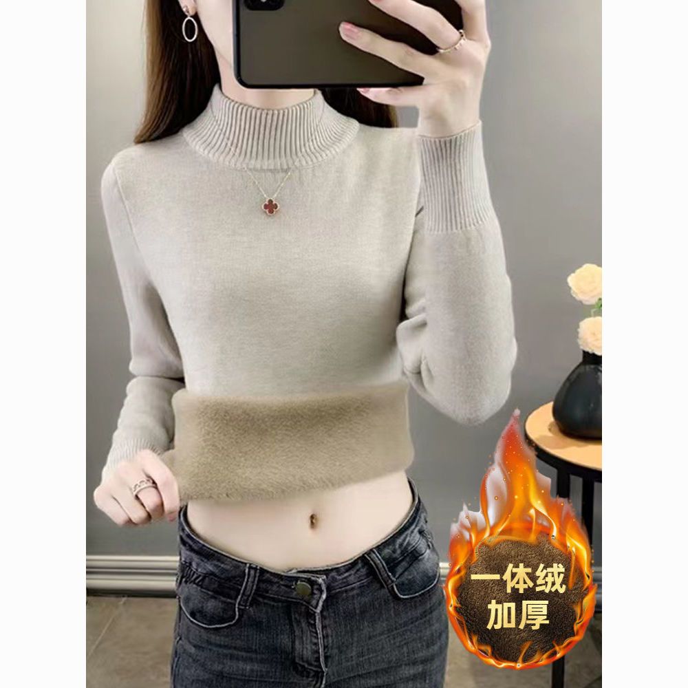 秋冬绒毛衣女搭大码加厚一体绒内高领加绒套头保暖打底针织衫上衣