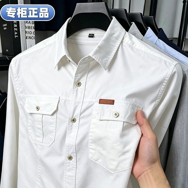 100%纯棉美式工装长袖衬衫男士春秋纯棉双口袋休闲上衣百搭衬衣