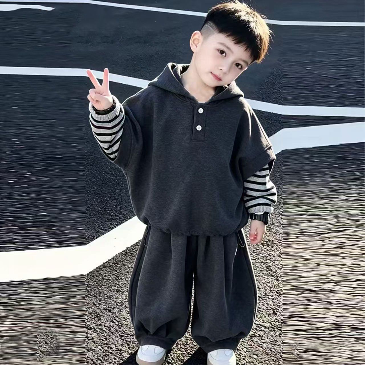 男童春秋装假两件韩版套装2026新款男孩卫衣儿童休闲运动两件套潮