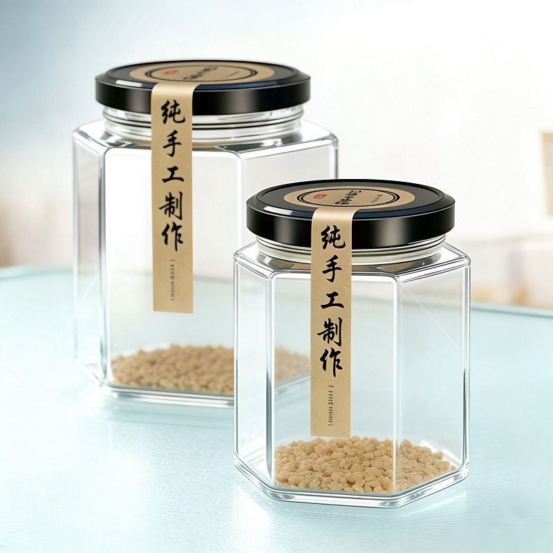 食品级玻璃密封罐带盖罐头空瓶子蜂蜜辣椒酱瓶子柠檬小号六棱果酱
