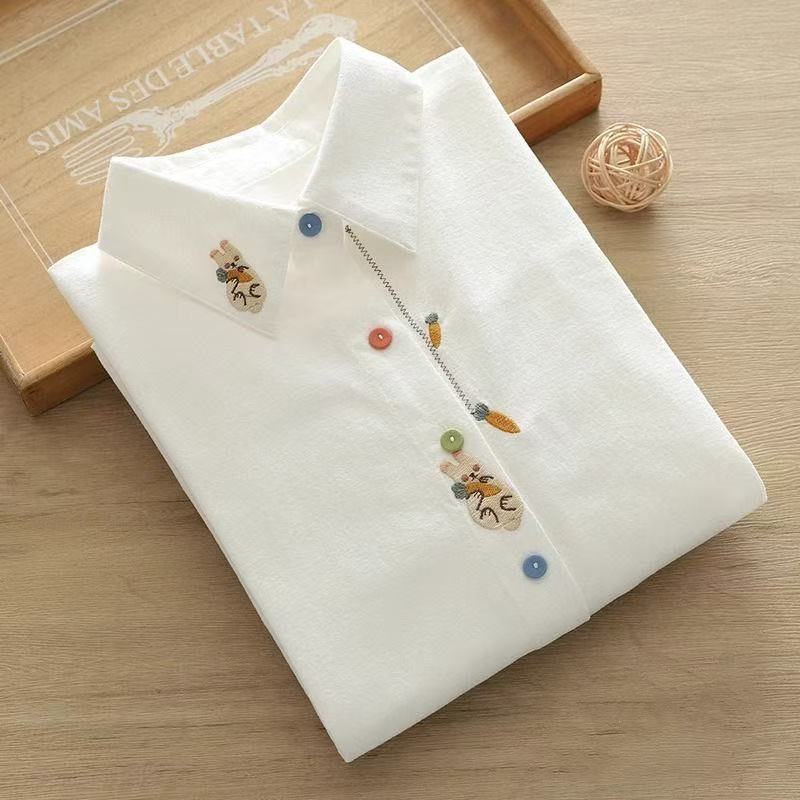 纯棉长袖衬衫女春秋小清新文艺卡通兔子刺绣休闲百搭衬衣白上衣