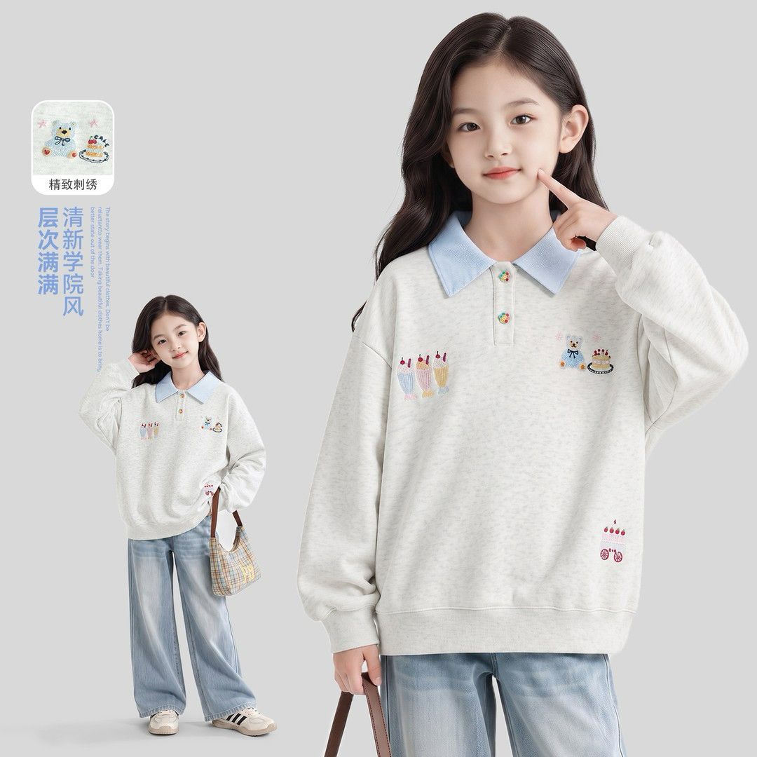 女童polo领卫衣春秋儿童翻领洋气刺绣卡通上衣女孩学院风套头长袖