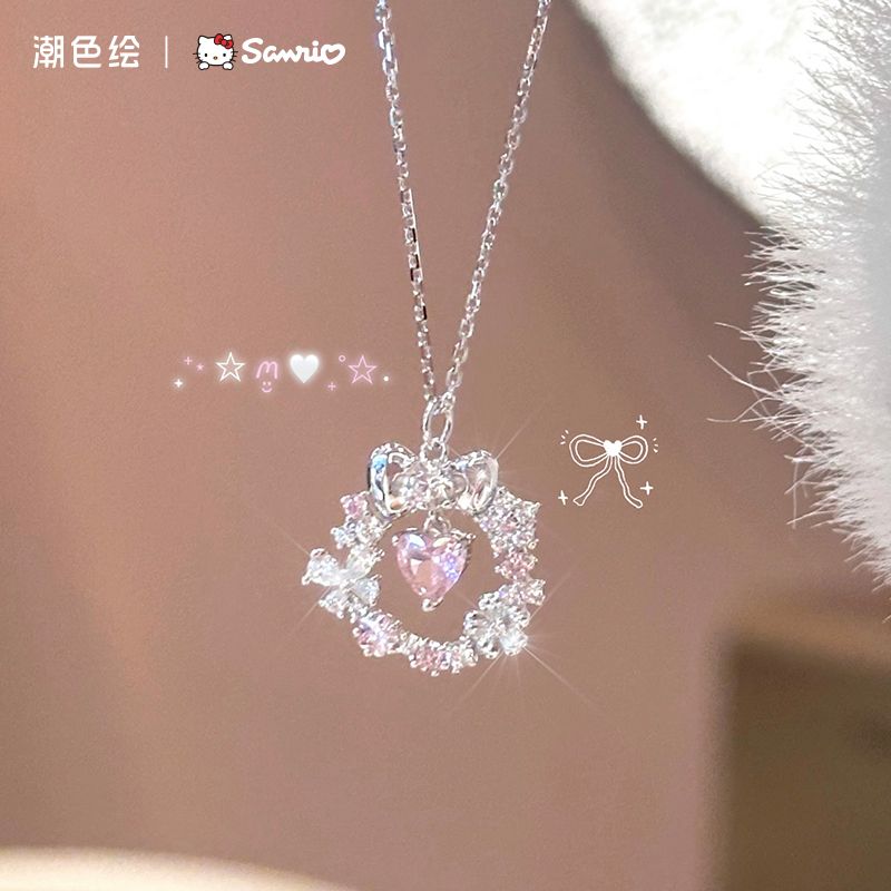 HelloKitty正版蝴蝶结爱心项链女925银哈喽kitty在逃公主生日礼物