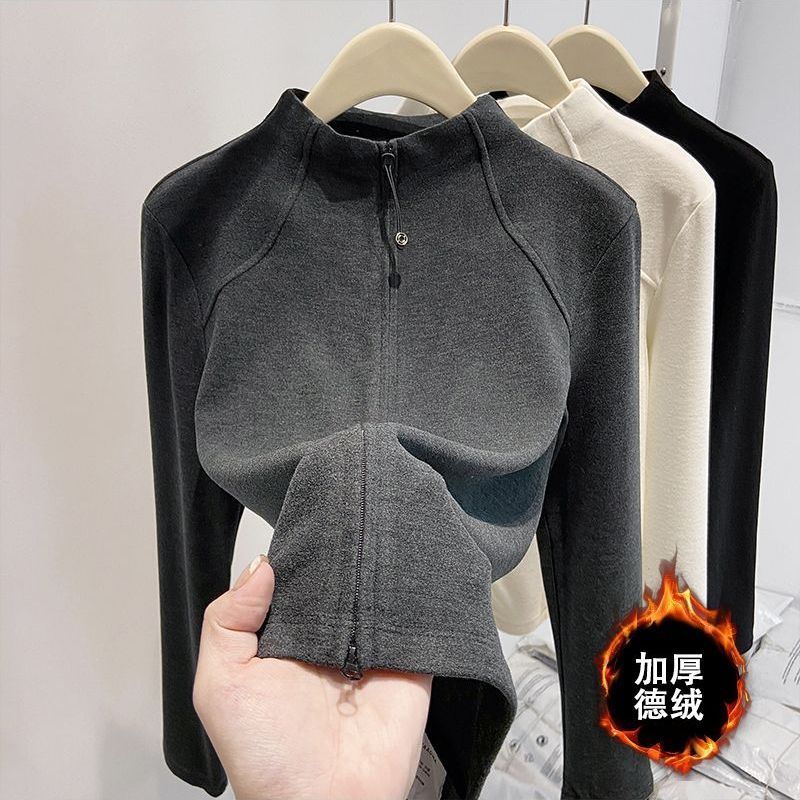 半高领德绒秋冬打底2025显瘦新款春秋季大码拉链开衫外套修身卫衣