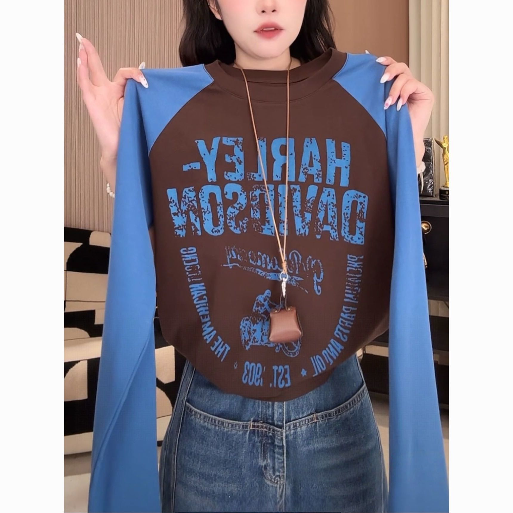 美式撞色字母印花插肩袖长袖T恤女2026秋季显瘦大码休闲打底衫潮