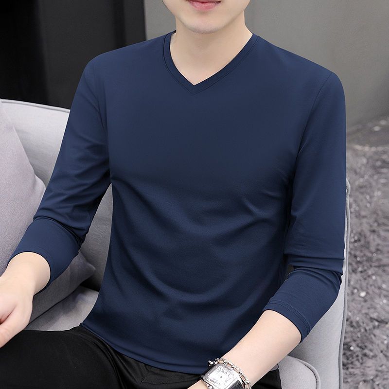 春秋长袖T恤男士鸡心v领纯色体恤衣服纯棉简约长袖汗衫打底衫男潮