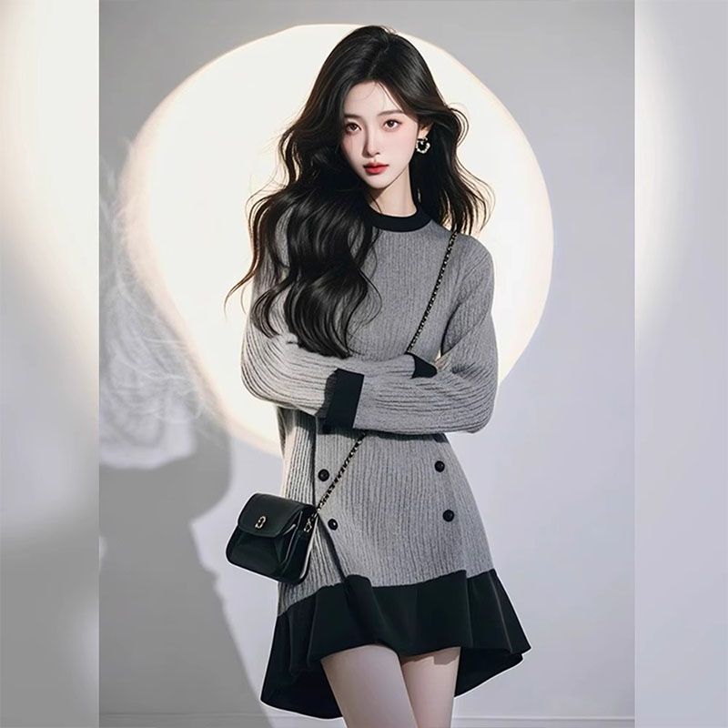 裙子女款搭千金感穿搭高级灰色针织秋冬装连衣裙感内长袖连衣裙