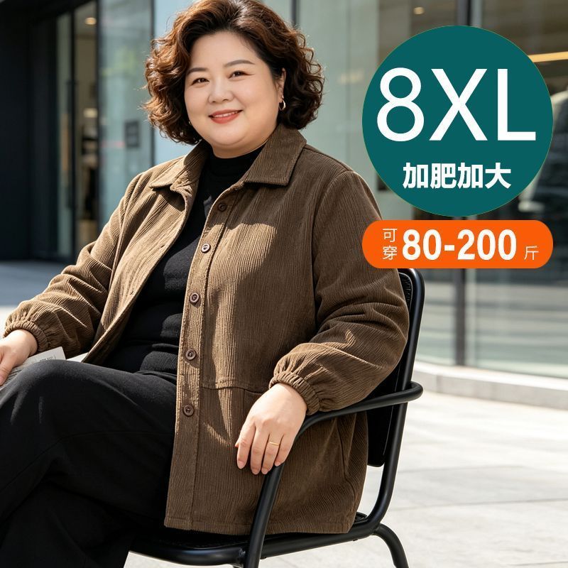 8XL胖妈妈装秋季长袖衬衫中老年加肥加大码奶奶条绒衬衣外套200斤【10月25日发完】