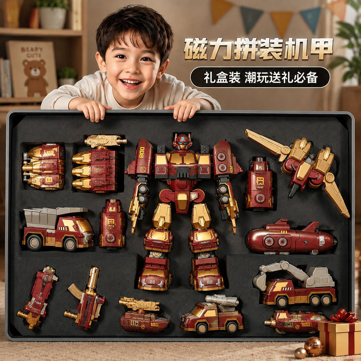 磁吸拼接儿童变形机器人玩具小汽车男孩益智机械机甲玩具生日礼物
