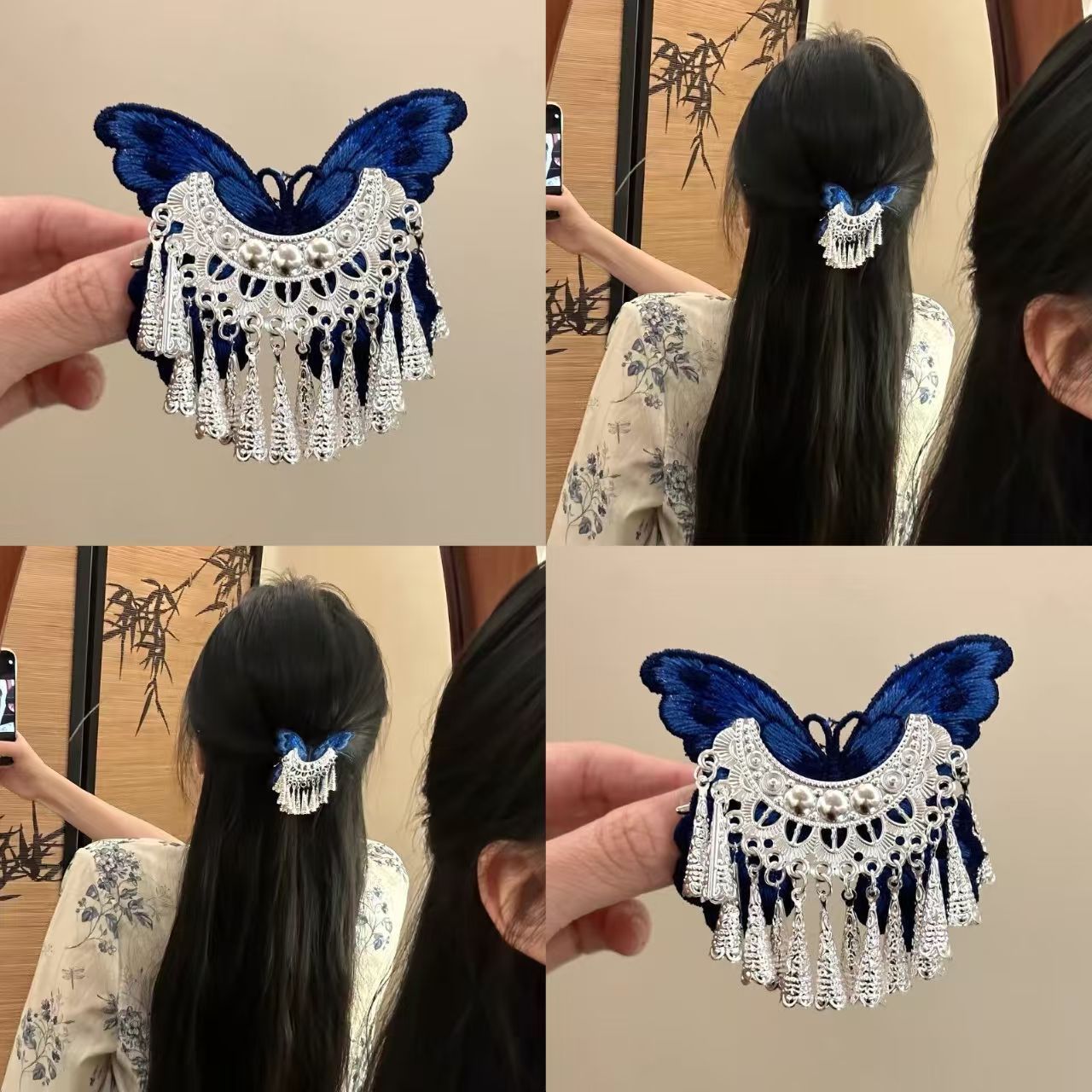 【蓝蝶摇光】复古蝴蝶流苏发夹女后脑勺侧边夹新中式发饰
