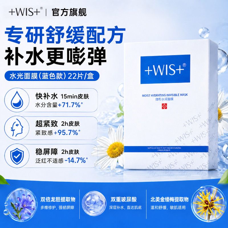 【WIS】水光面膜贴蓝色款专研舒缓补水保湿玻尿酸紧致修护生日水润女