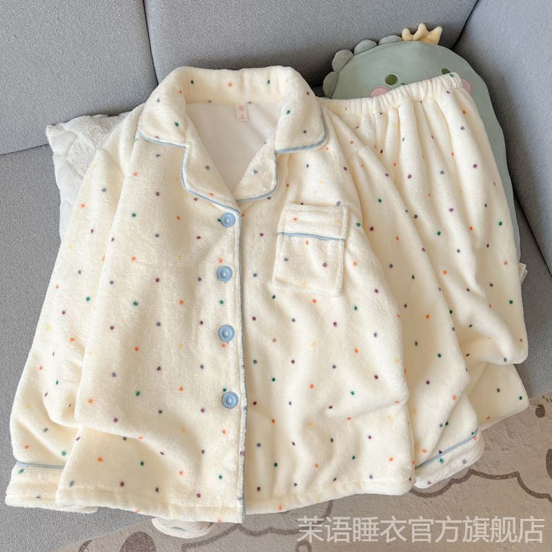 法兰绒秋冬加绒长袖长裤女波点小狗可爱少女保暖休闲服套装