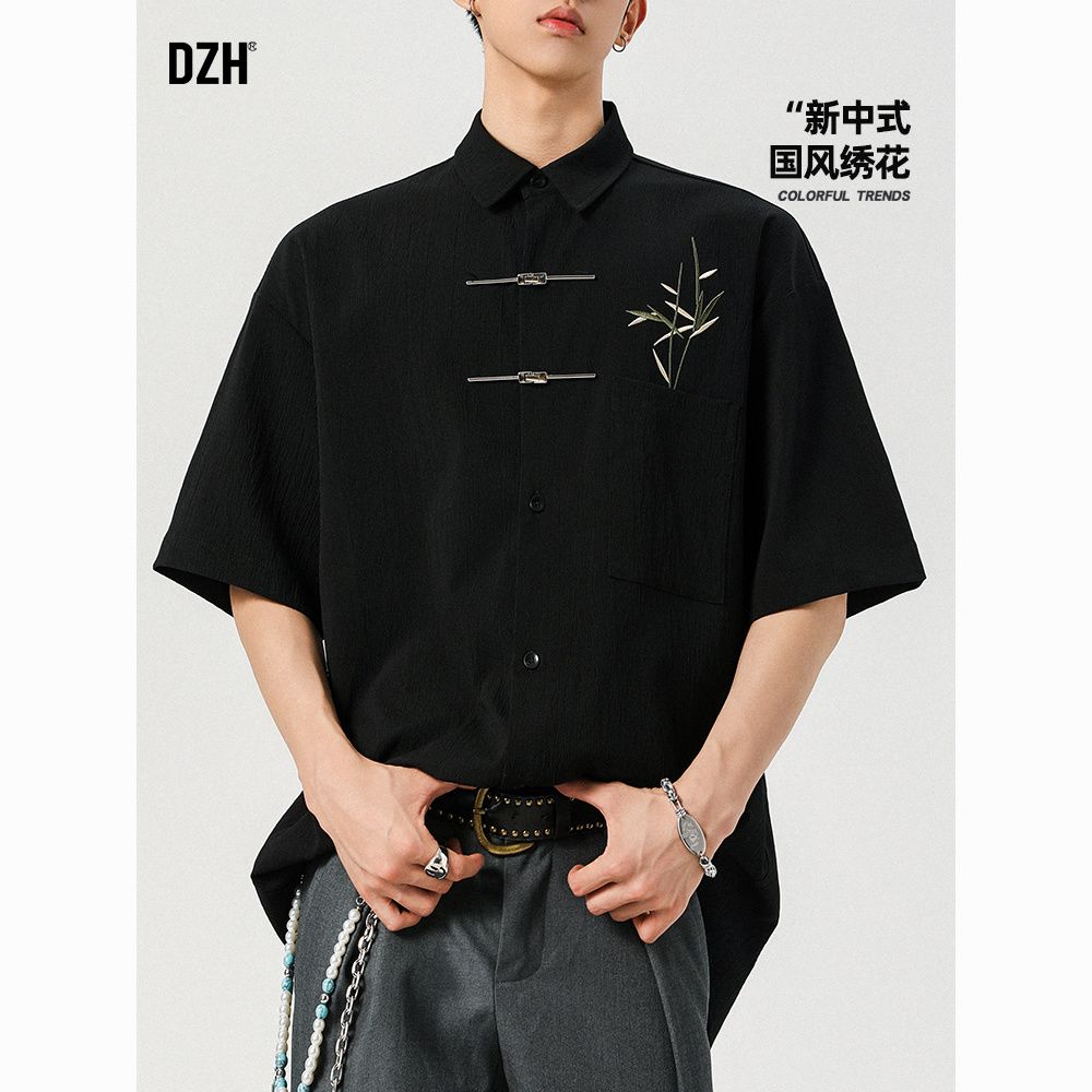 男士新中式衬衫男国风男装2026新款刺绣上衣国潮衣服外套衬衣夏季