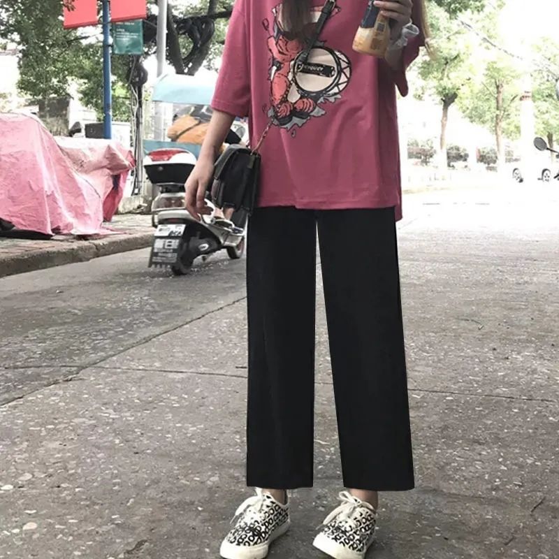 阔腿裤女学生韩版宽松百搭春夏九分直筒裤高腰胖妹妹显瘦休闲裤子