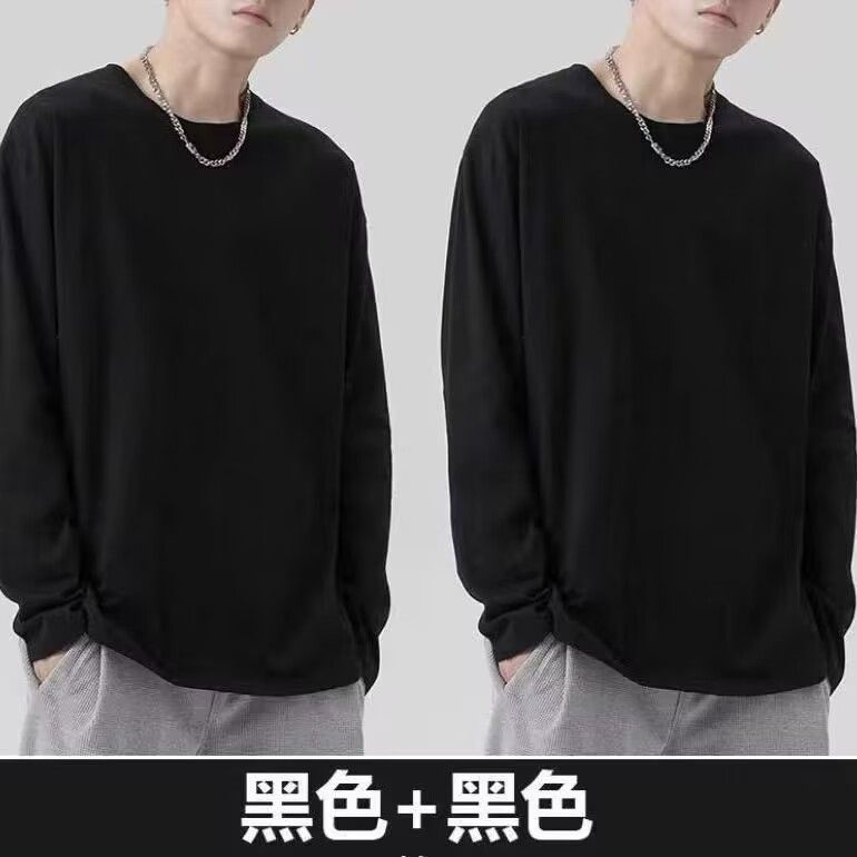 纯色男士加肥加大长袖情侣装春秋宽松百搭ins潮流休闲圆领打底