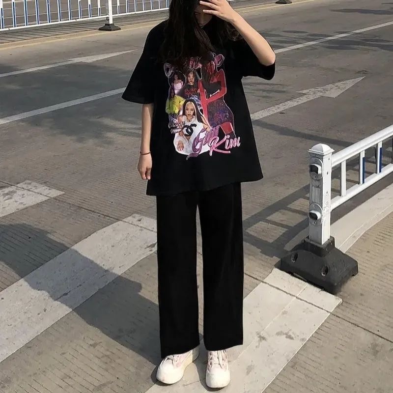 春夏新款韩版宽松黑色阔腿裤坠感直筒裤高腰九分裤休闲裤学生裤子