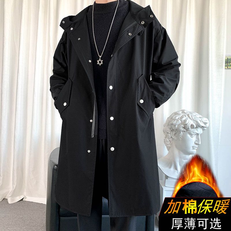 冬季加棉加厚连帽外套男中长款青年纯色风衣男潮ins男士休闲宽松