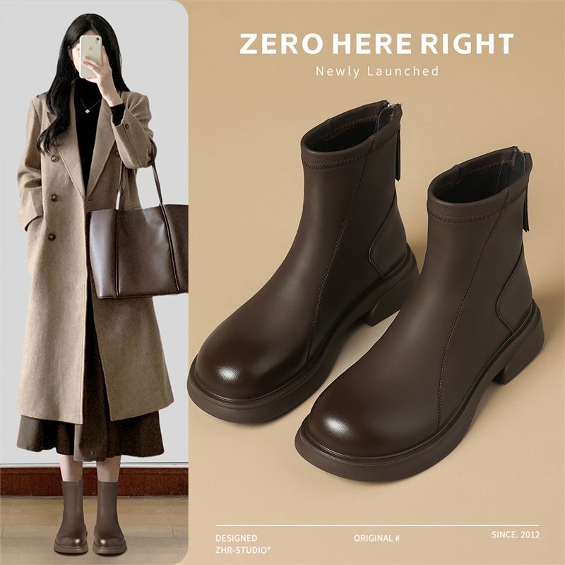 【ZHR】则则复古气质厚底粗跟短靴女靴2026冬季新款百搭加绒靴子女鞋