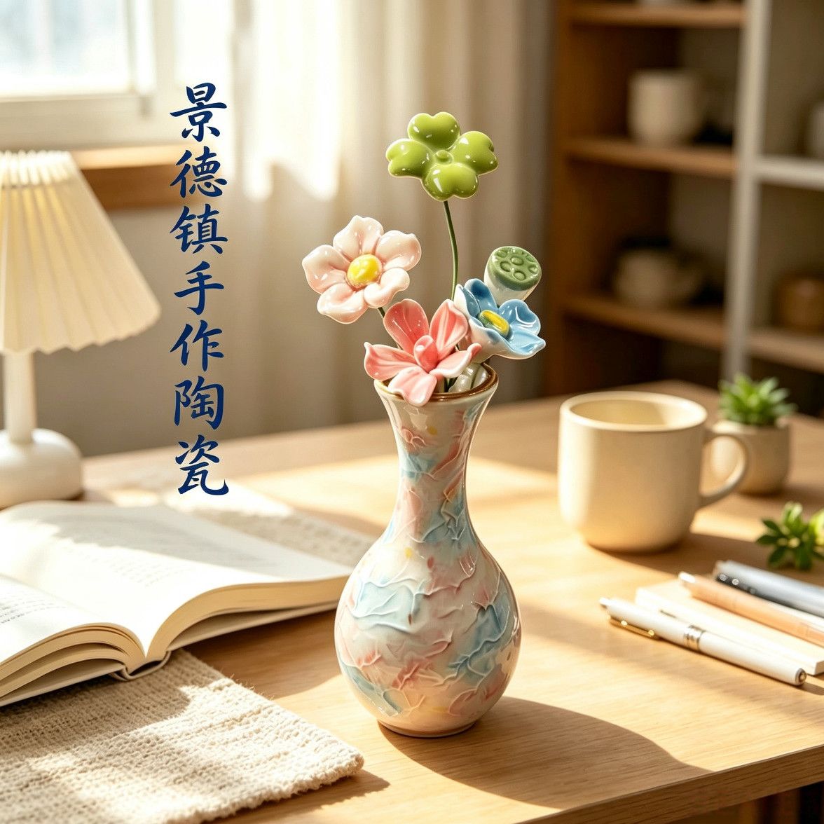 景德镇陶瓷花瓶卧室办公室客厅装饰摆件创意莫奈小号冰激凌插花