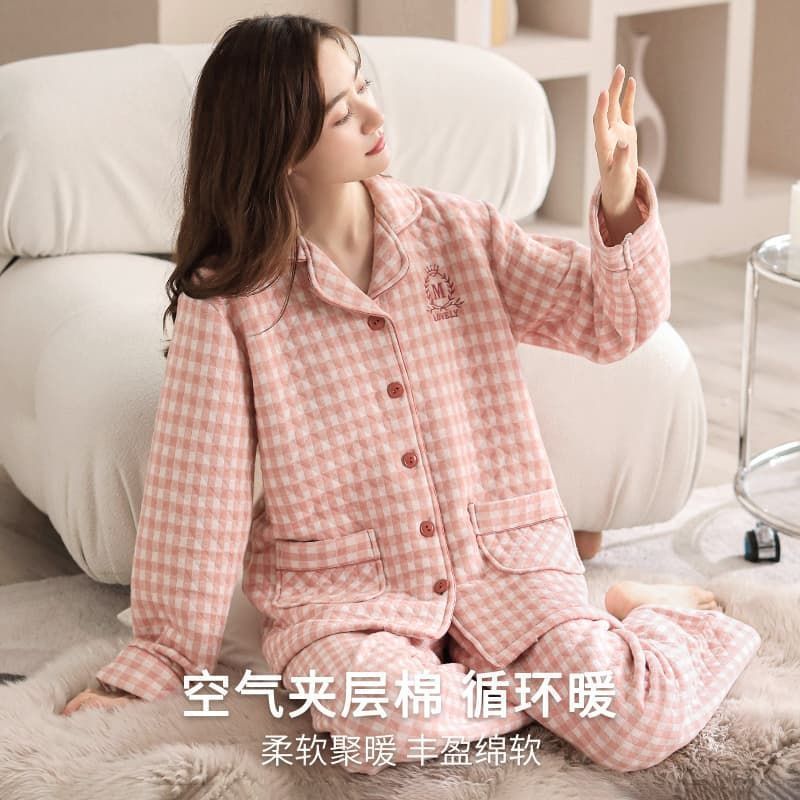 秋冬季加厚睡衣女士加厚夹棉空气夹层保暖睡衣加厚冬天宽松家居服