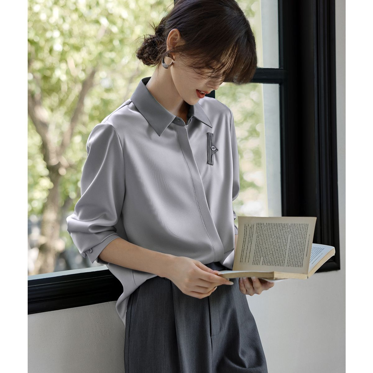 【XWI】欣未 百搭知性纽扣斜口袋设计拼色衬衫女2026秋季简约长袖上衣