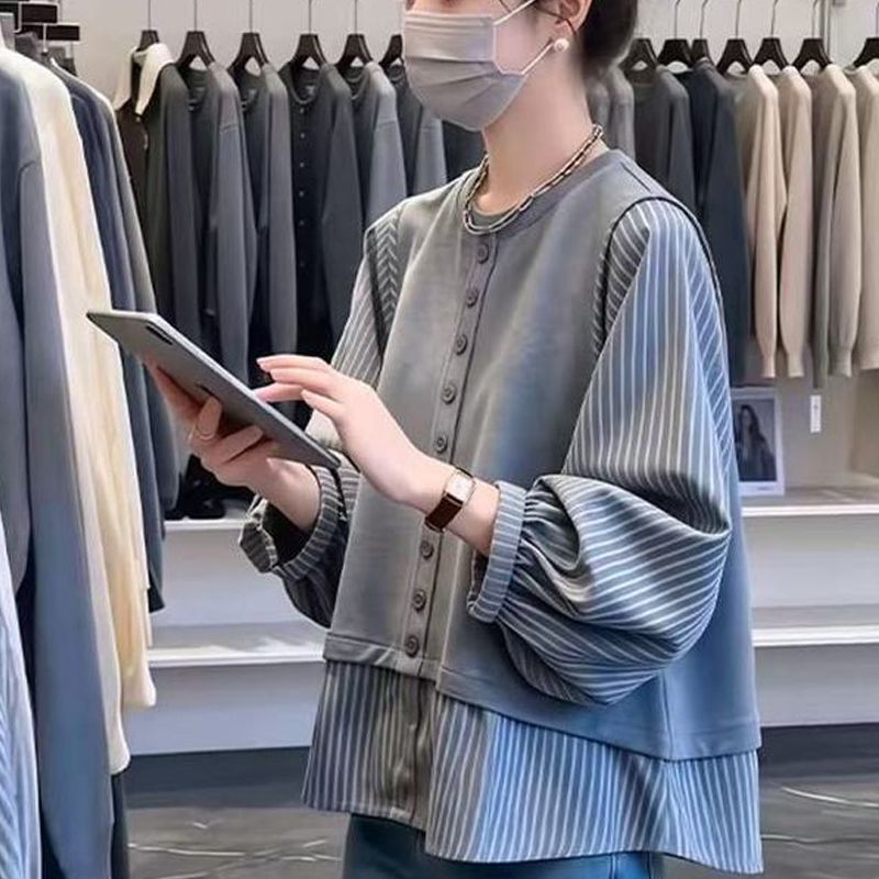 胖mm宽松大码假两件上衣女2026秋季新款条纹衬衫拼接马甲长袖上衣