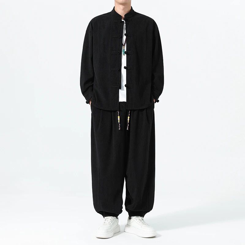新款秋季新中式男士灯芯绒休闲套装中国唐装太极练功服复古两件套