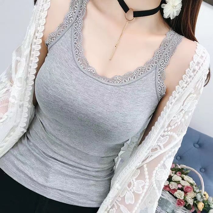 莫代尔蕾丝边甜美吊带背心女内衣白色夏百搭薄款无袖大码打底上衣