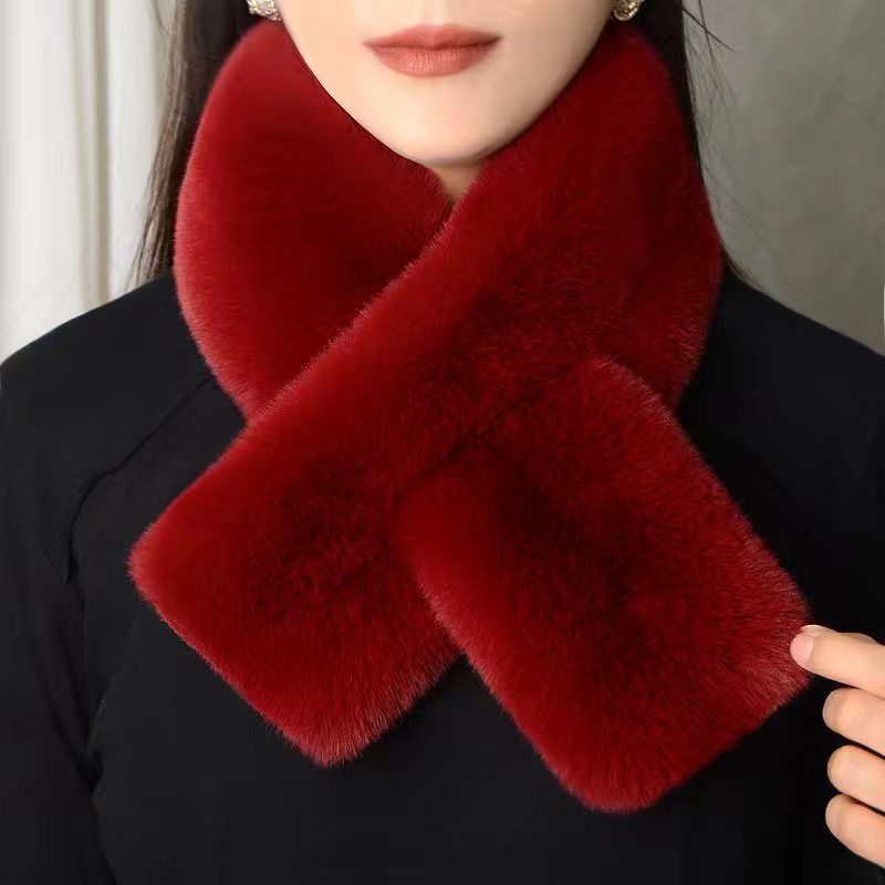 毛绒围巾加厚冬季保暖新款双面护颈围脖百搭护獭兔交叉直板围巾