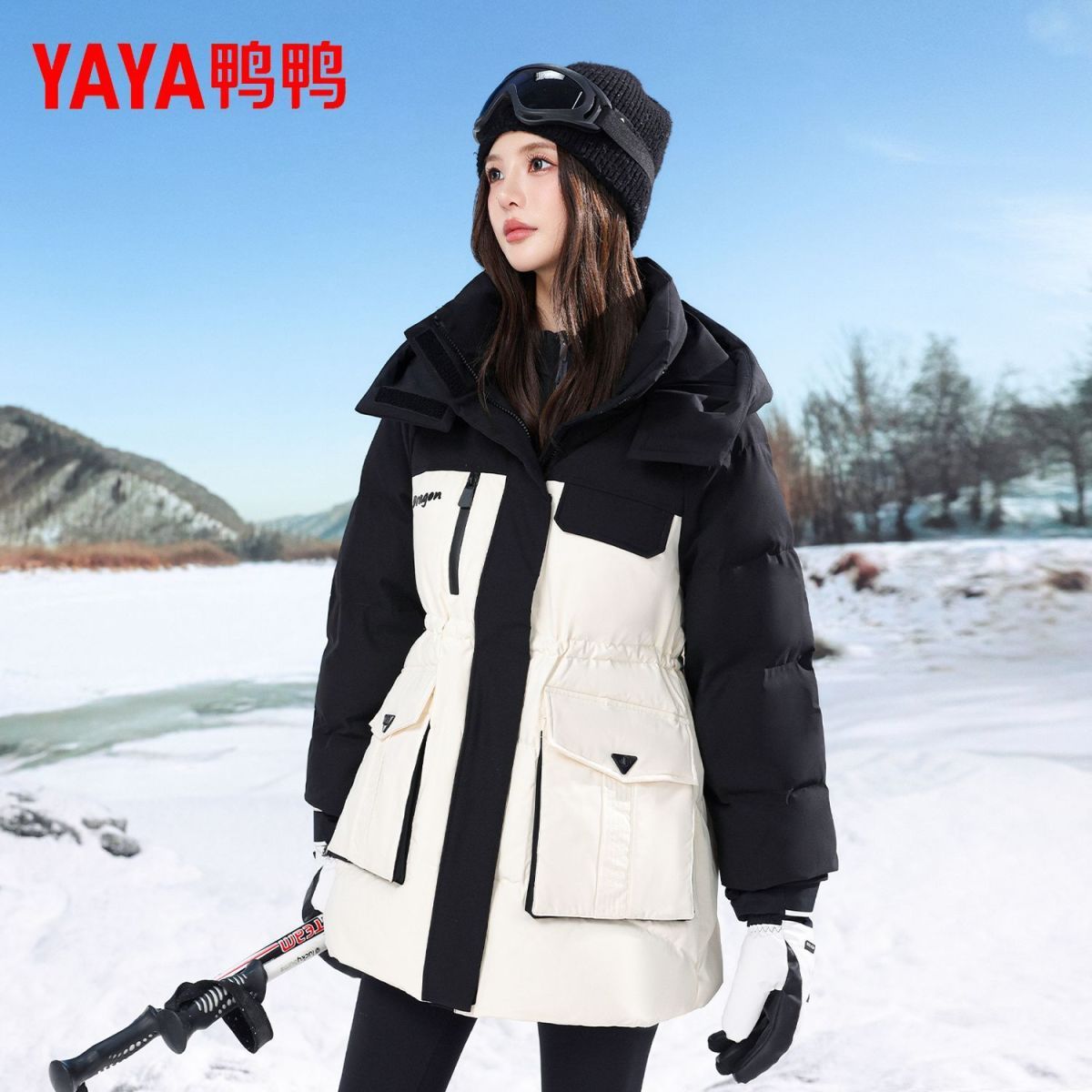 【鸭鸭】短款滑雪羽绒服女士2025冬新中长款撞色连帽加厚鸭绒保暖外套