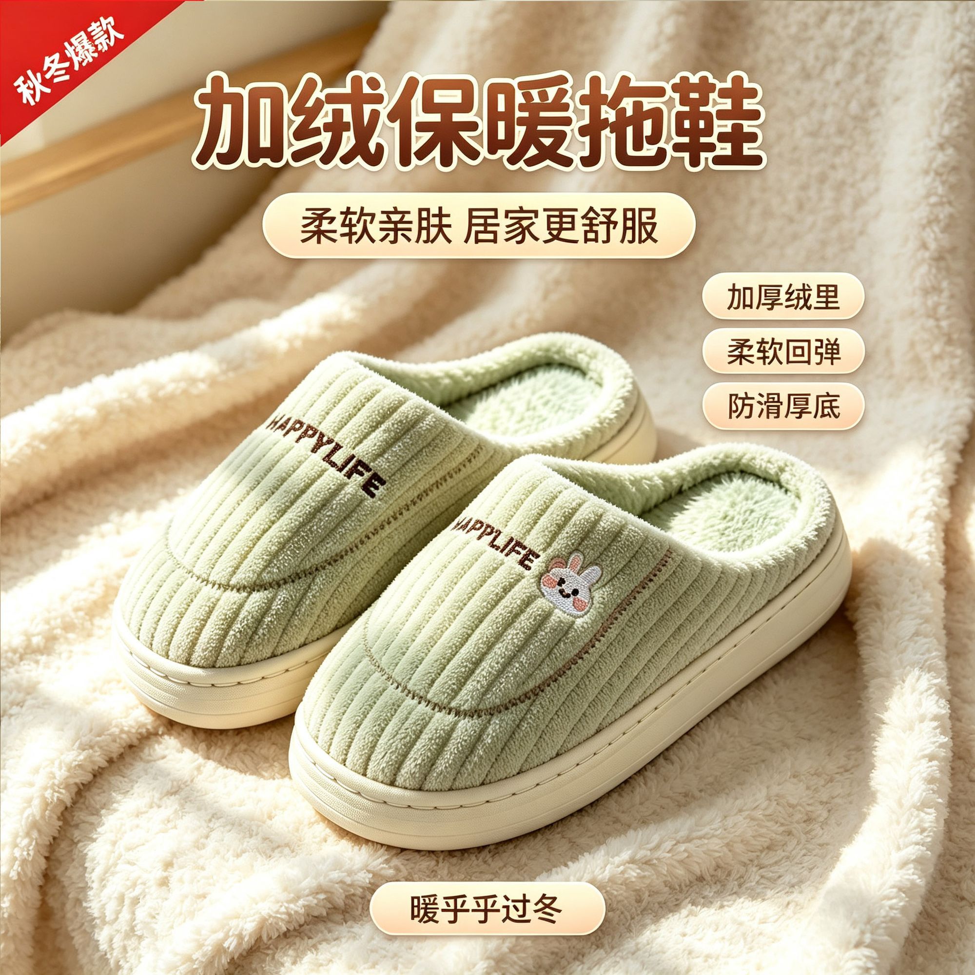 可爱卡通棉拖鞋女秋冬季情侣室内居家用加绒保暖踩屎感防滑棉拖男