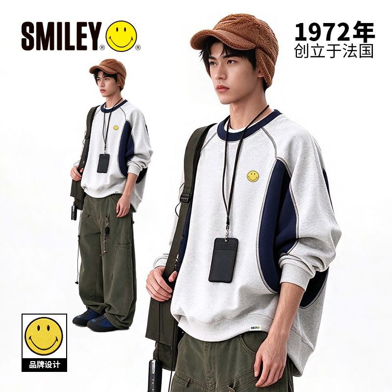 【SMILEY】笑脸春秋季撞色插肩圆领卫衣男款拼接潮流休闲套头上衣