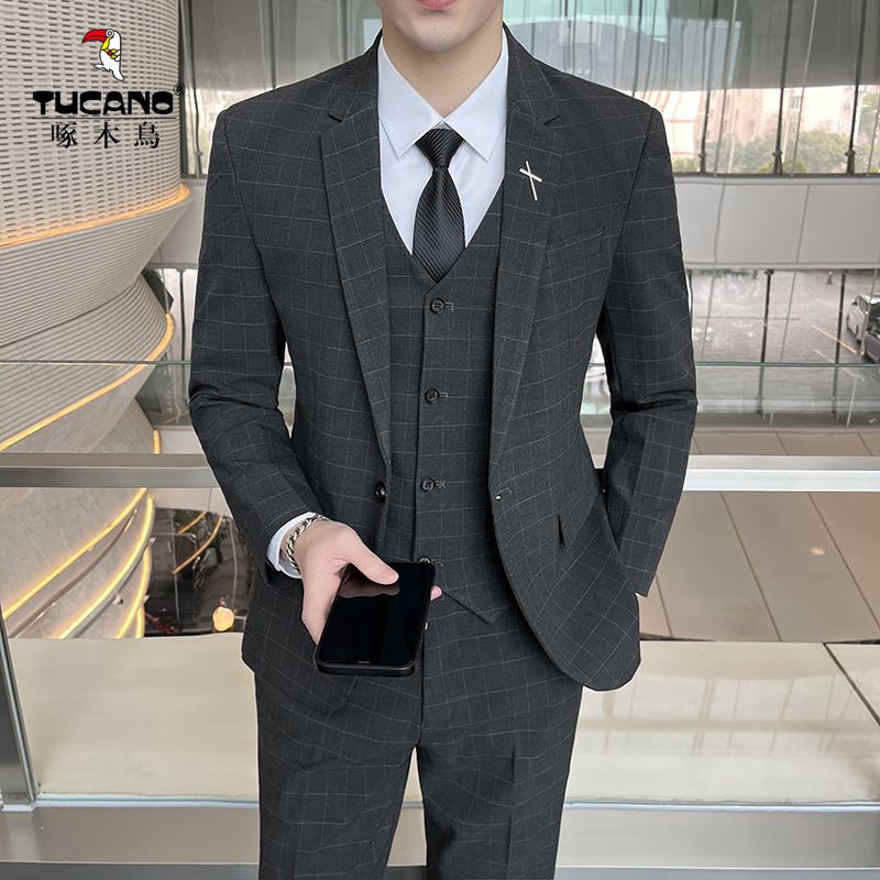 【啄木鸟】高档西服套装男士韩版修身新郎婚礼西装三件套商务正装
