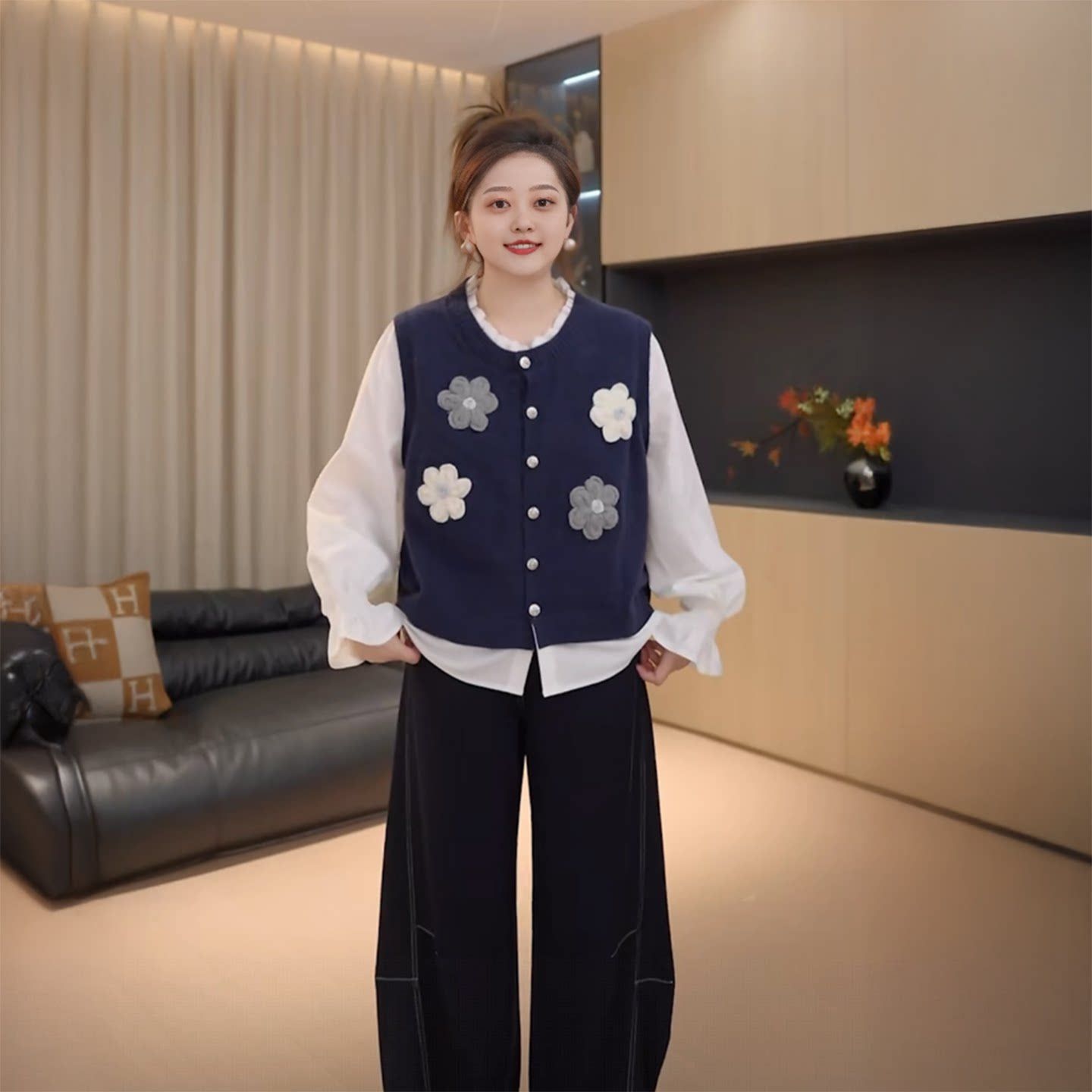 大码女装假两件长袖钩花针织衬衫女早秋胖mm宽松显瘦时尚上衣 736