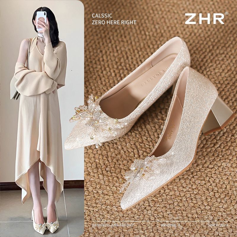 【ZHR】则则气质法式新娘婚鞋女2025新款百搭高跟鞋粗跟水钻伴娘单鞋