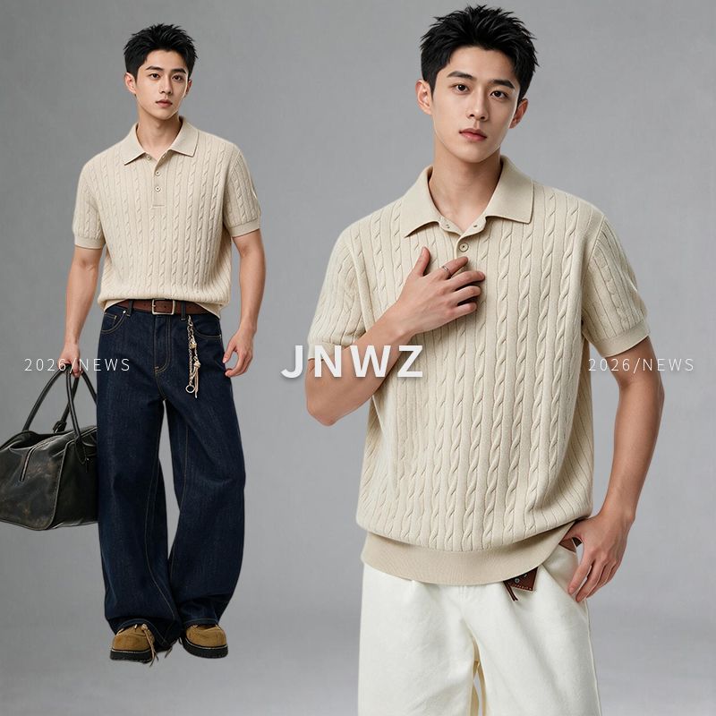 【JNWZ】美式复古针织麻花短袖POLO衫男夏季款硬汉风酷帅百搭休闲上衣